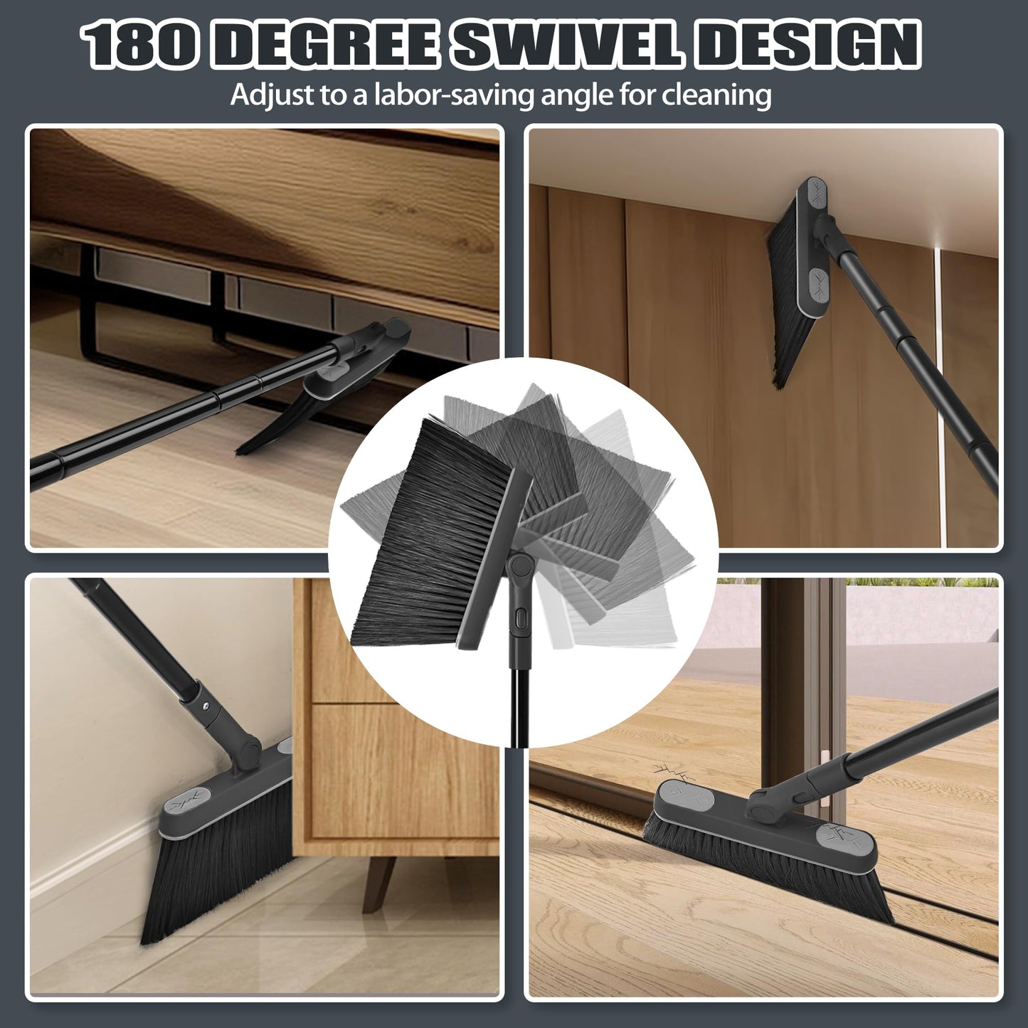 JEHONN Broom and Dust Pan, 138 cm Long Handle Swivel Brush Cleaning