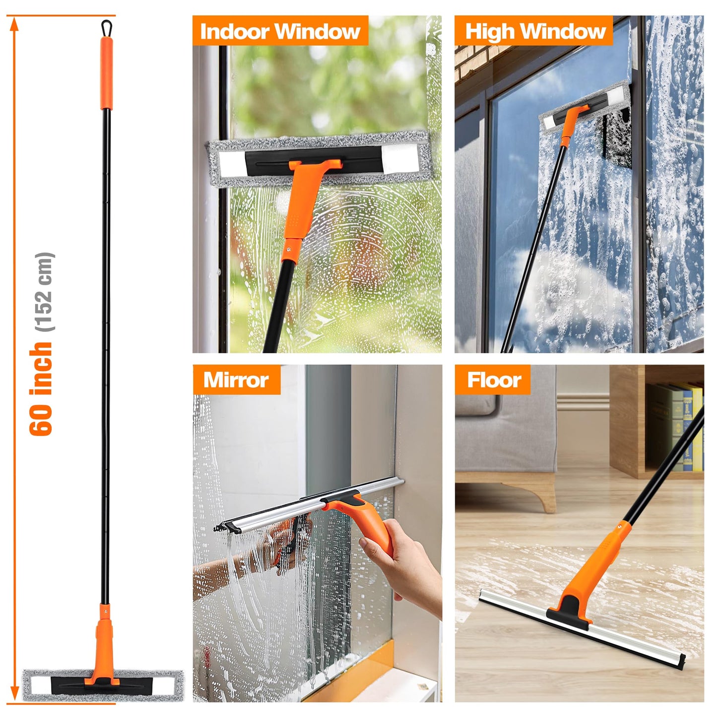 JEHONN Window Shower Squeegee for Glass Door with 152 CM Long Handle,Orange