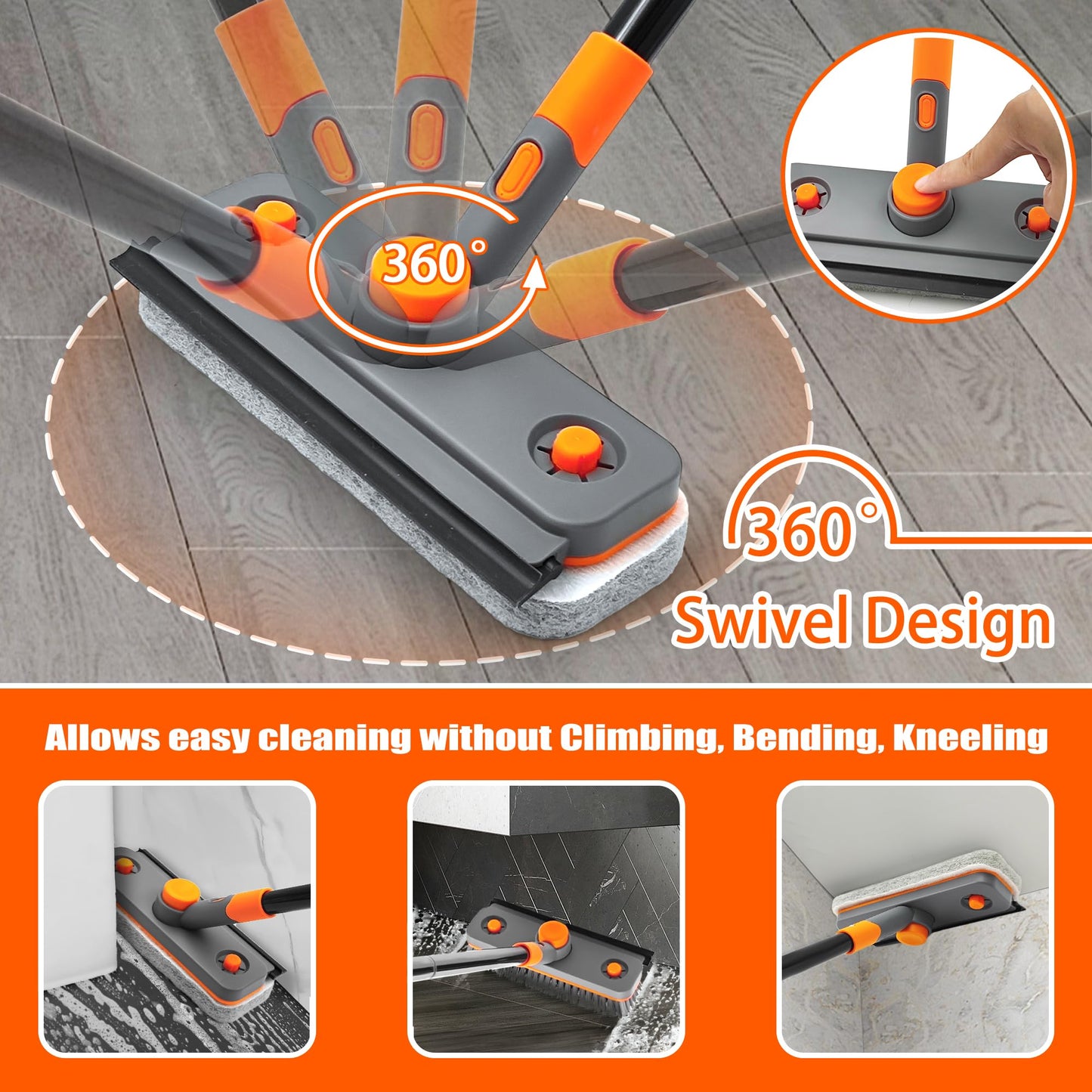 JEHONN 4-in-1 Bathroom Tile Tub Scrubber with Long Handle Orange