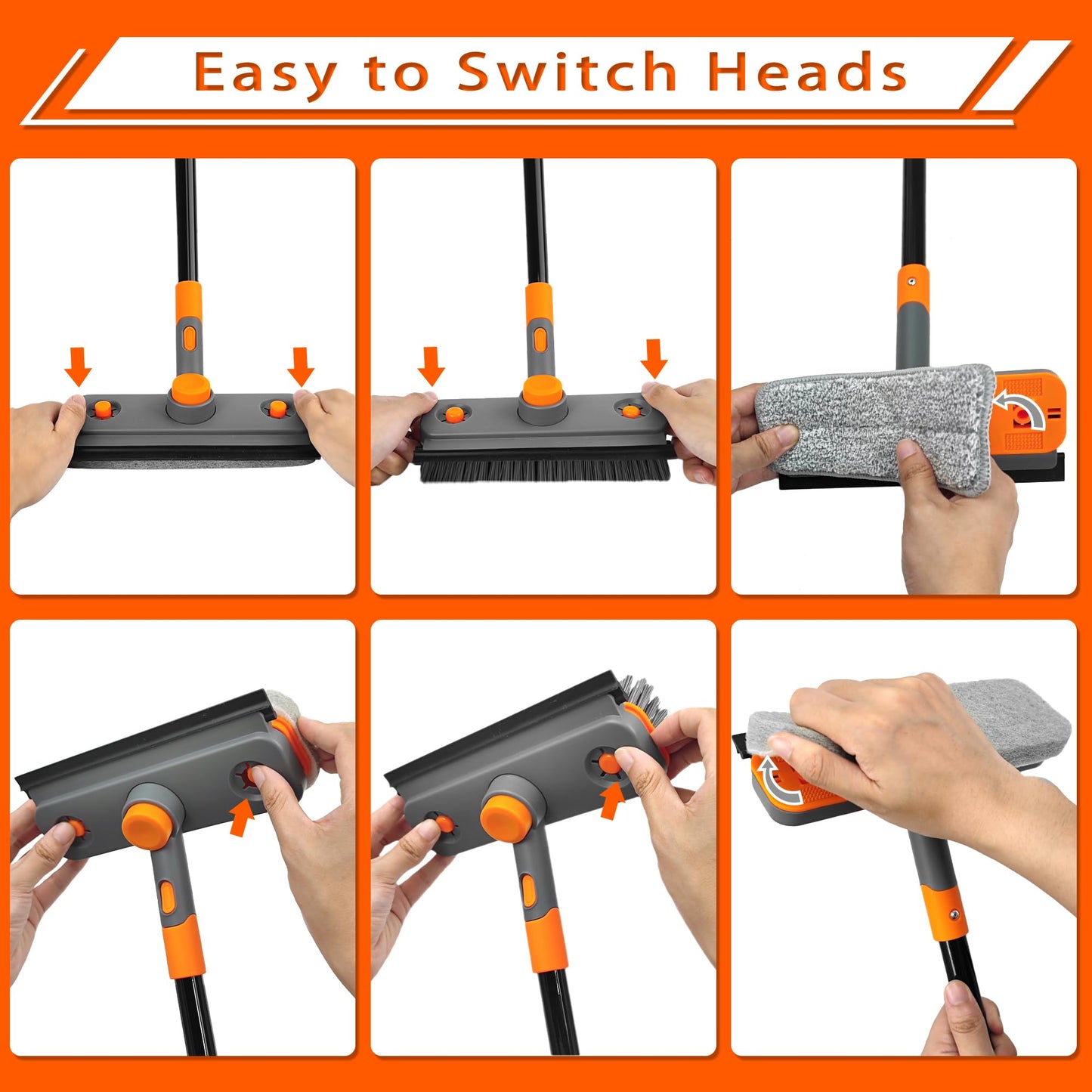 JEHONN 4-in-1 Bathroom Tile Tub Scrubber with Long Handle Orange