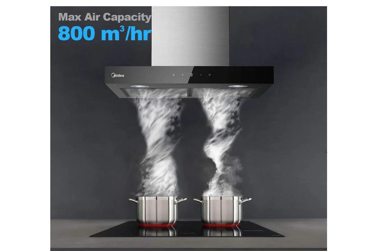 Midea 60cm T-Shape Canopy Rangehood - Stainless Steel and Black Glass Panel