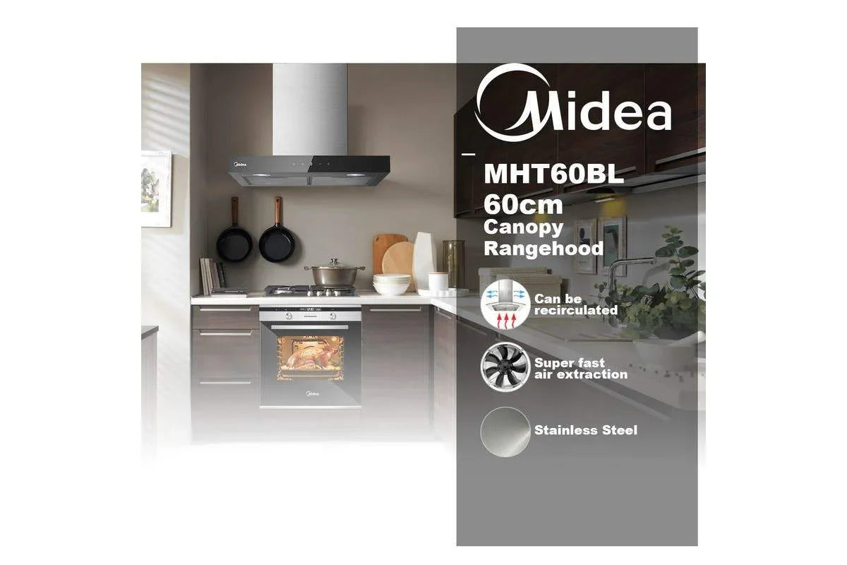 Midea 60cm T-Shape Canopy Rangehood - Stainless Steel and Black Glass Panel