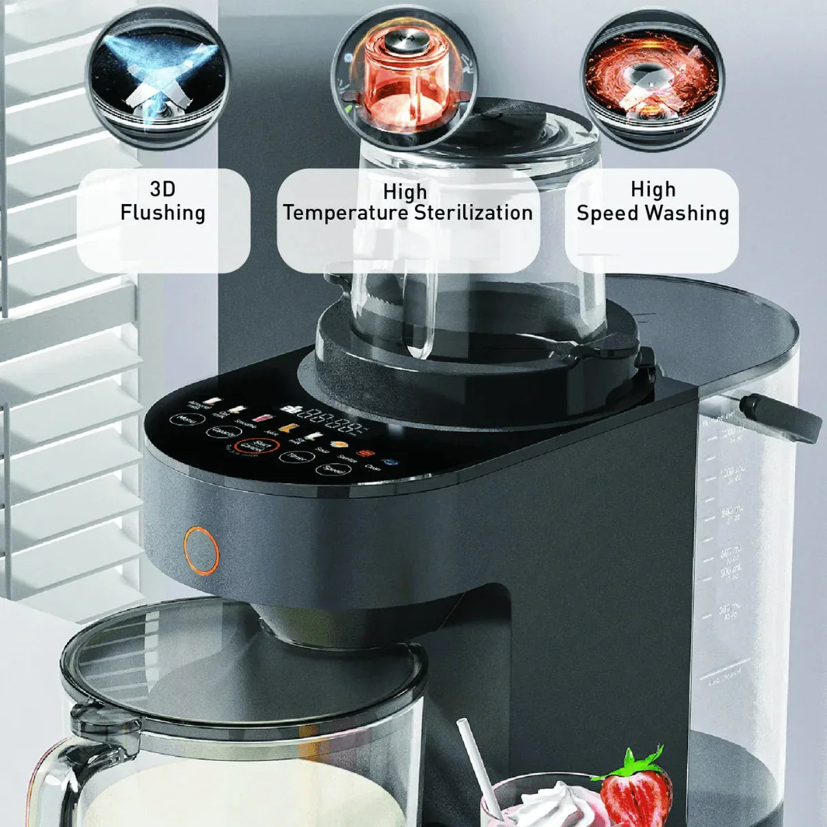 JOYOUNG Fully Automatic Glass Blender 8 Presets, Self-Cleaning, Ideal for Kitchen, Soy Milk, Almond Milk, Shakes, Smoothies, Black